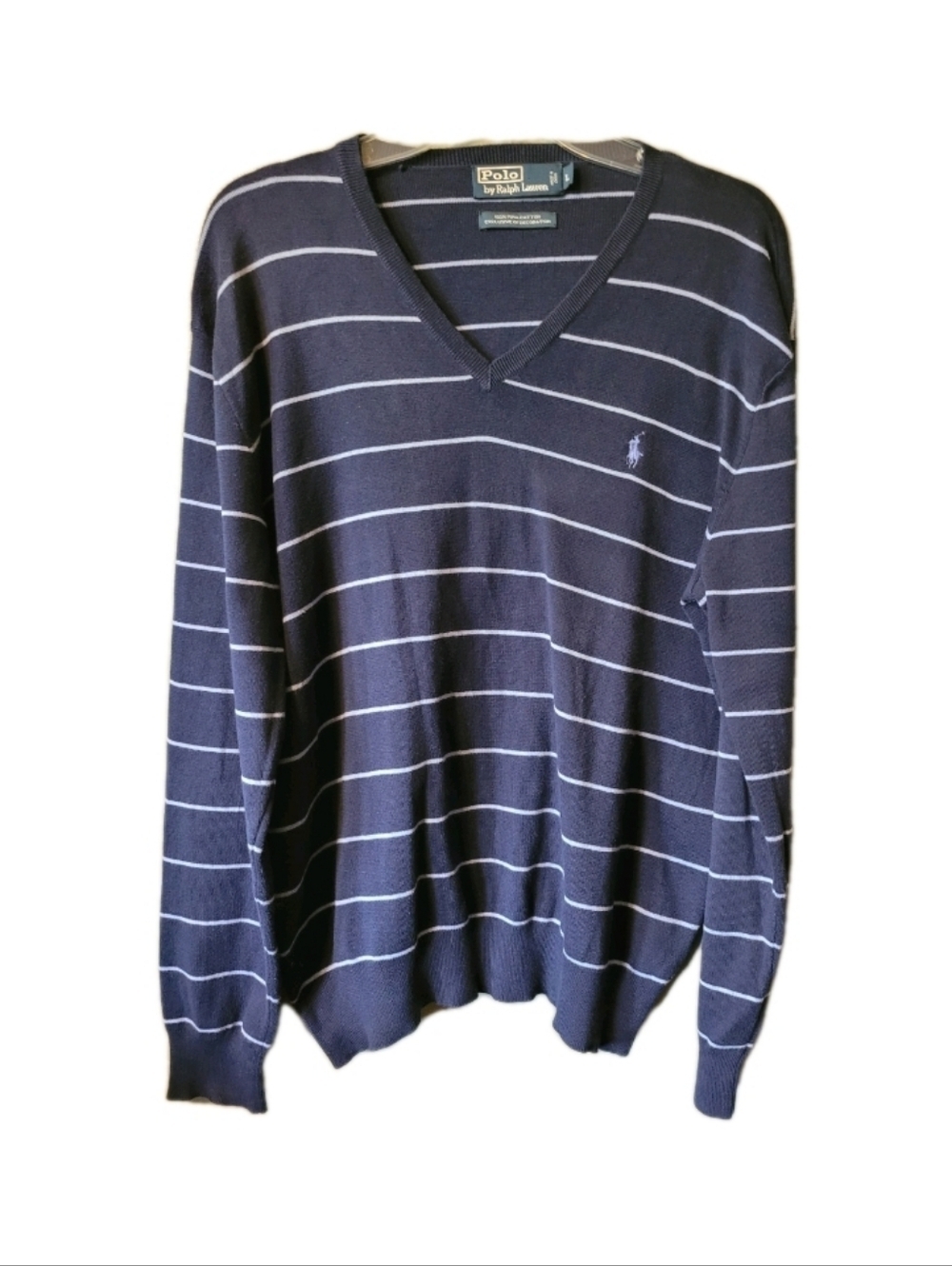 Polo by Ralph Lauren Sweater Large Blue V-Neck Striped Preppy Modern